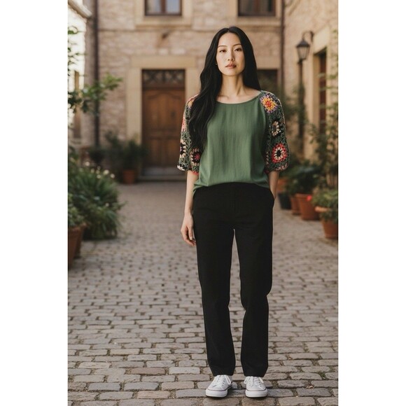 UMGEE Crocheted Green Lined Sleeves Linen Cotton Flutter Short Sleeves Top Sz S - Picture 2 of 11